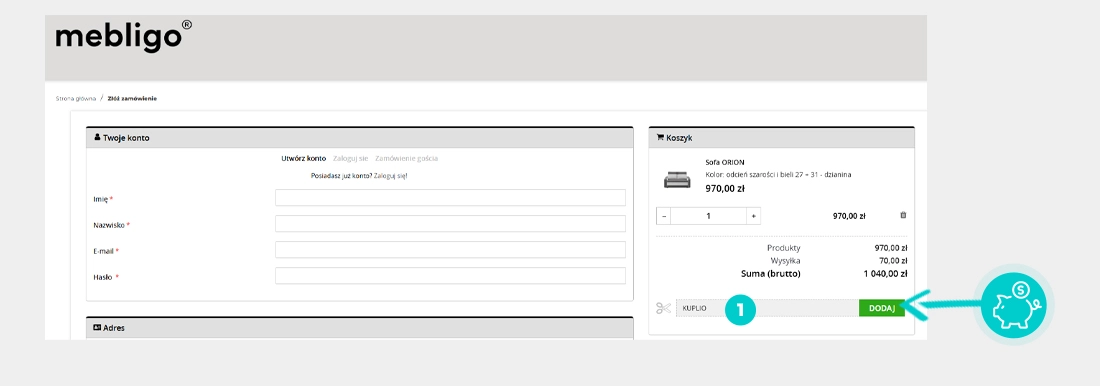 Instrukcja jak wpisać kod rabatowy w koszyku zakupownym Mebligo