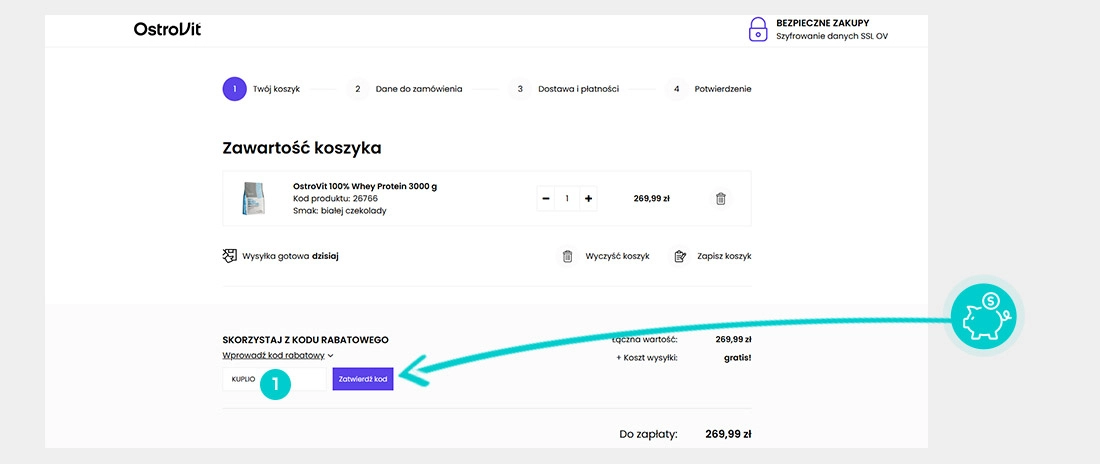 Instrukcja jak wpisać kod rabatowy w koszyku zakupownym Ostrovit