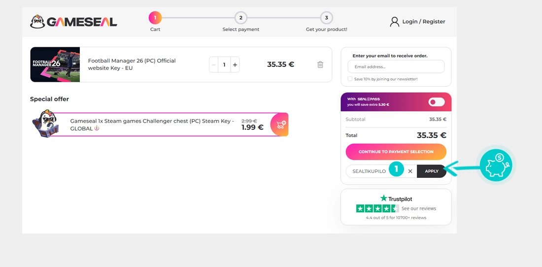 Instrukcja jak wpisać kod rabatowy w koszyku zakupownym Gameseal