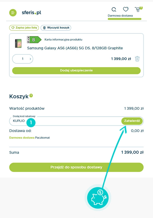Instrukcja jak wpisać kod rabatowy w koszyku zakupownym Sferis