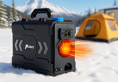 Generator prądu na śniegu koło żółtego namiotu