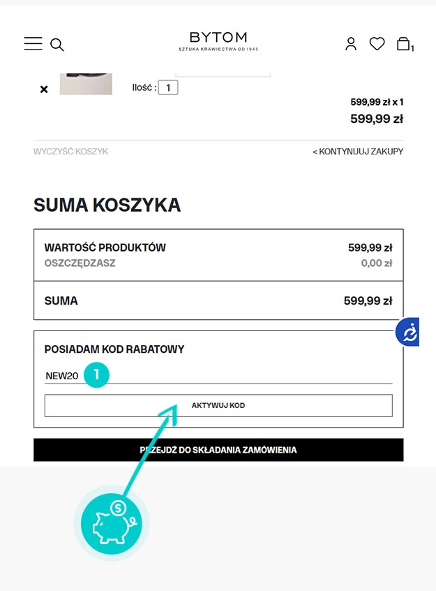 Instrukcja jak wpisać kod rabatowy w koszyku zakupownym Bytom