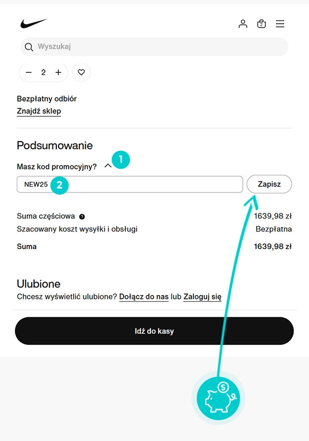Instrukcja jak wpisać kod rabatowy w koszyku zakupownym Nike