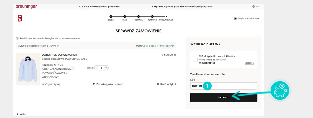 Instrukcja jak wpisać kod rabatowy w koszyku zakupownym Breuninger