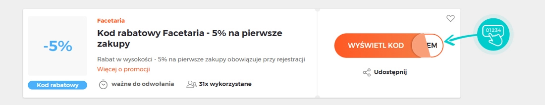 Przykład kodu rabatowego dla Facetaria