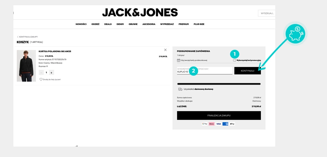 Instrukcja jak wpisać kod rabatowy w koszyku zakupownym Jack & Jones