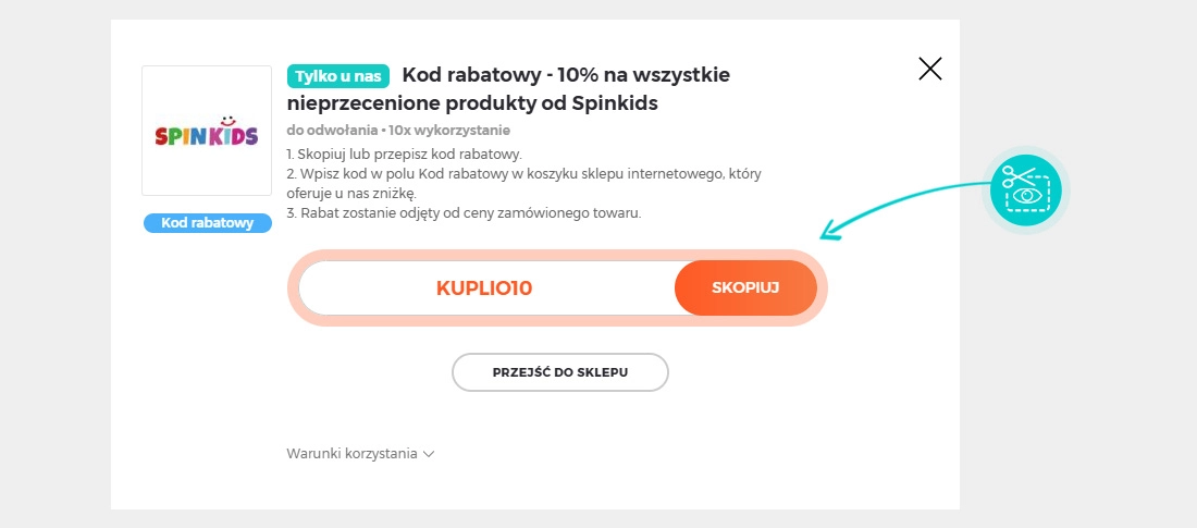 Instrukcja jak skopiować kod rabatowy dla Spinkids
