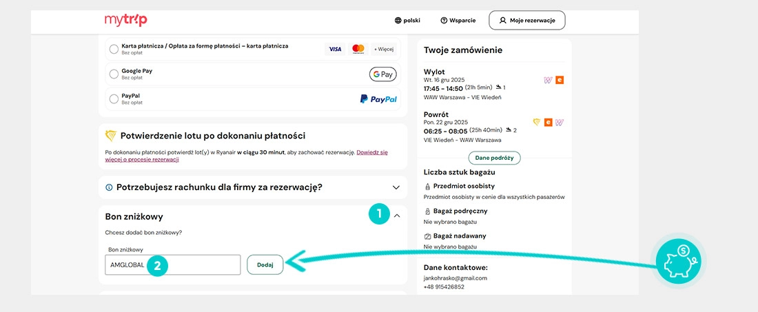 Instrukcja jak wpisać kod rabatowy w koszyku zakupownym MyTrip