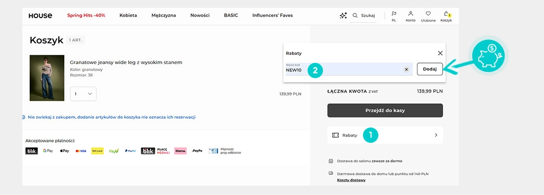 Instrukcja jak wpisać kod rabatowy w koszyku zakupownym House
