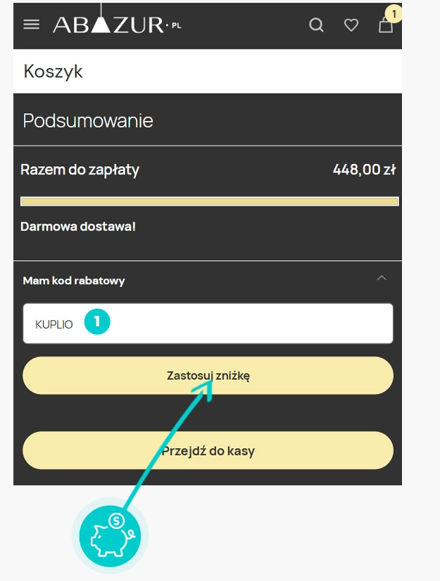Instrukcja jak wpisać kod rabatowy w koszyku zakupownym Abazur.pl