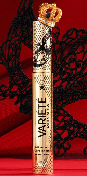 Tusz do rzęs w złotej buteleczce, czarnymi napisami i w koronie