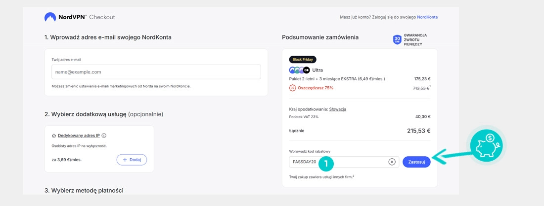 Instrukcja jak wpisać kod rabatowy w koszyku zakupownym Nord VPN