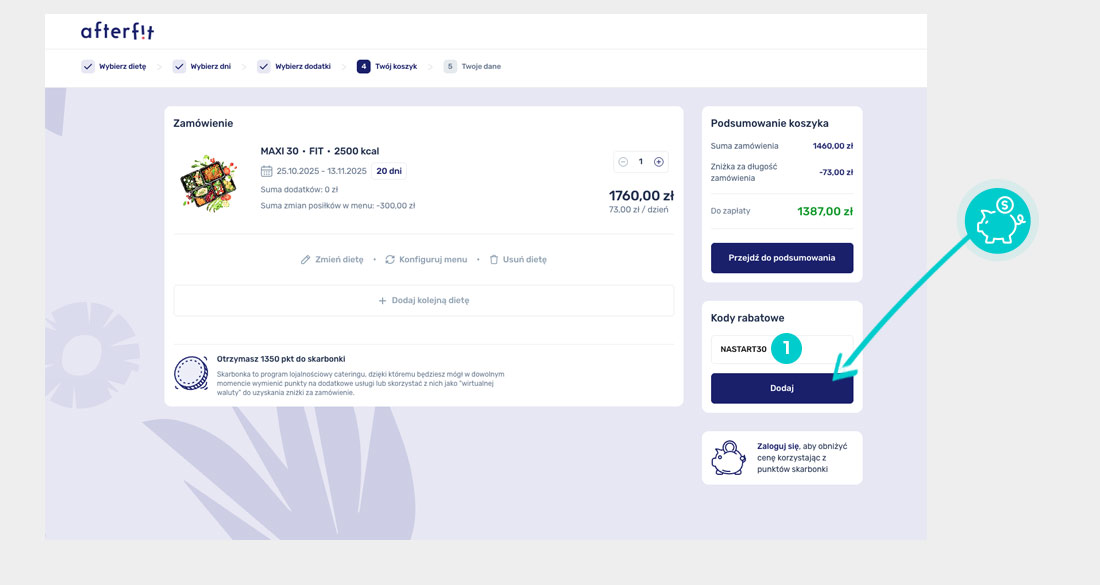 Instrukcja jak wpisać kod rabatowy w koszyku zakupownym AfterFit Catering