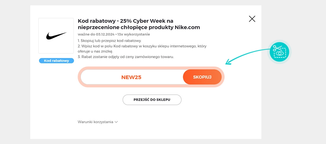 Instrukcja jak skopiować kod rabatowy dla Nike