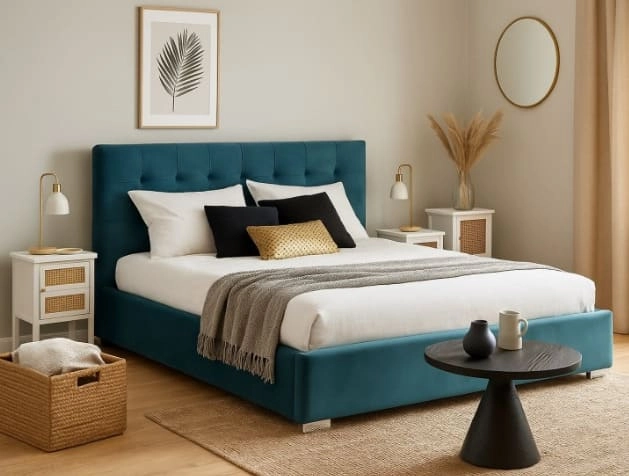 Sypialnia w stonowanych kolorach z zielonym, tapicerowanym łóżkiem