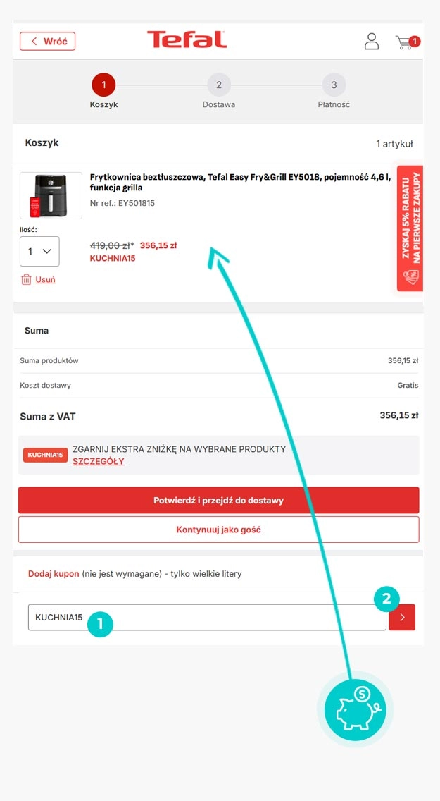 Instrukcja jak wpisać kod rabatowy w koszyku zakupownym Tefal