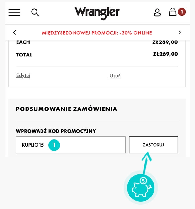 Instrukcja jak wpisać kod rabatowy w koszyku zakupownym Wrangler