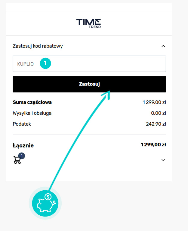 Instrukcja jak wpisać kod rabatowy w koszyku zakupownym Time Trend