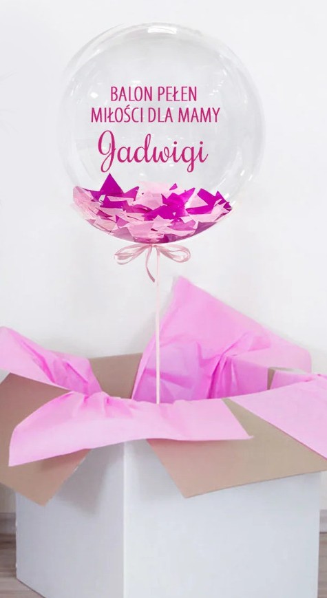 Balon z różowymi błyskotkami w pudełku dla mamy