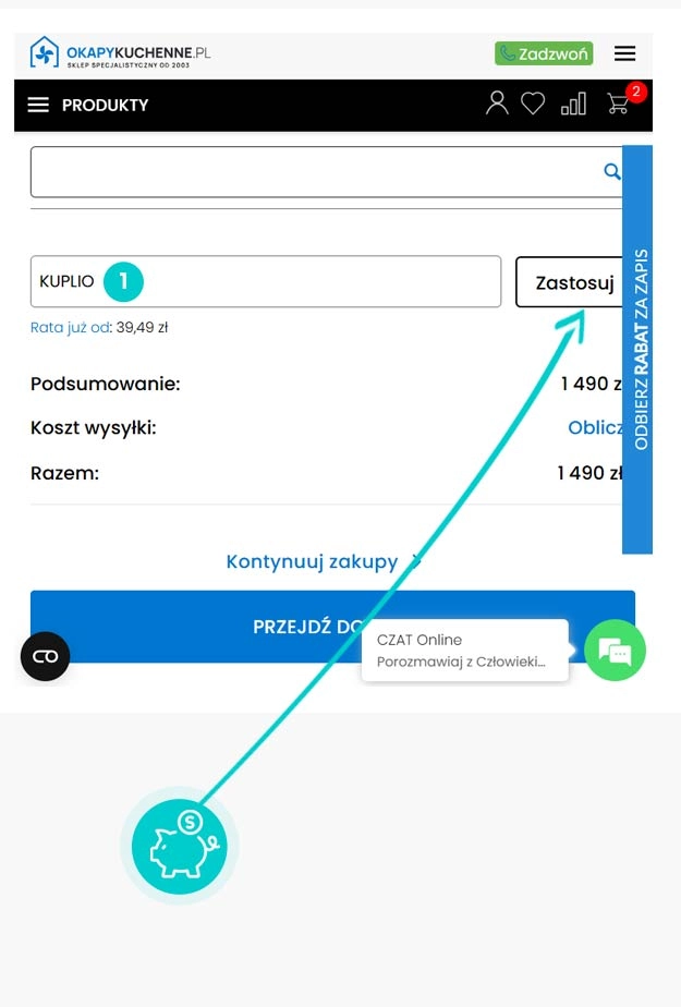 Instrukcja jak wpisać kod rabatowy w koszyku zakupownym OkapyKuchenne.pl