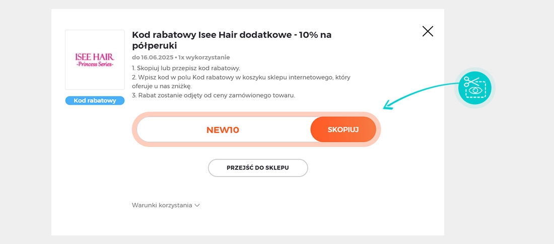 Instrukcja jak skopiować kod rabatowy dla Isee Hair