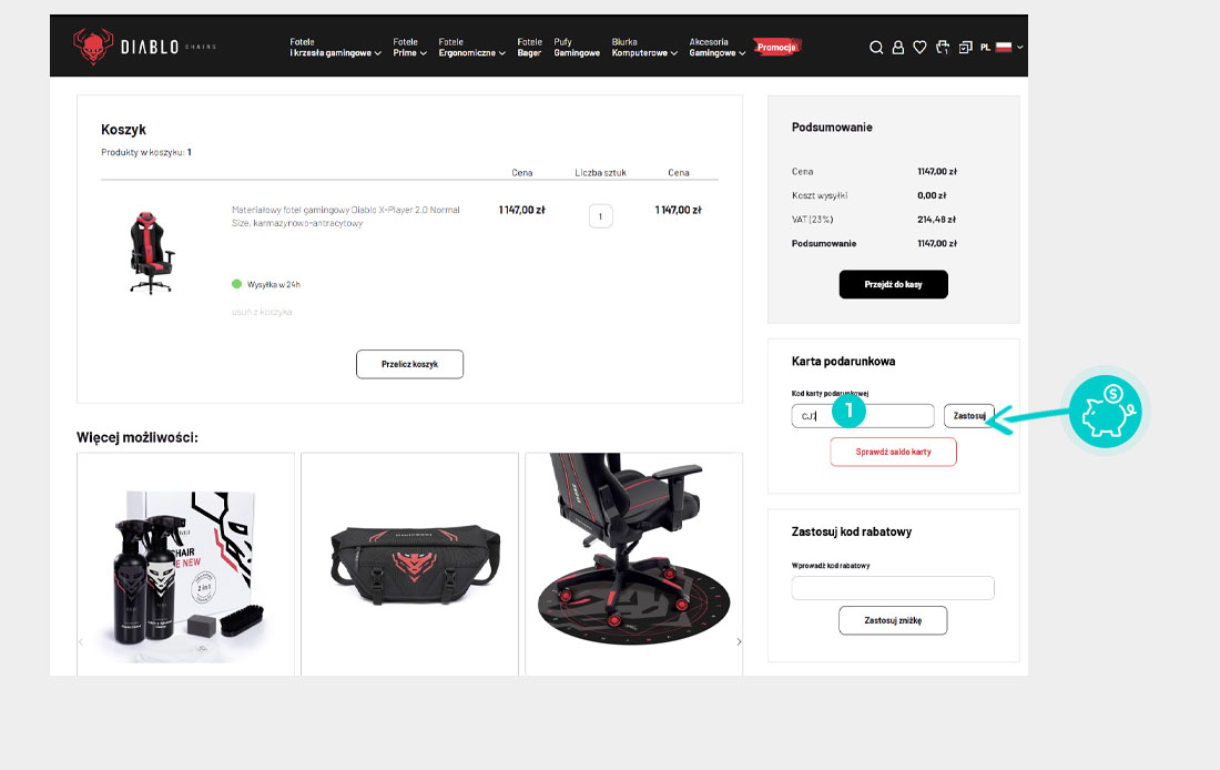 Instrukcja jak wpisać kod rabatowy w koszyku zakupownym Diablo Chairs