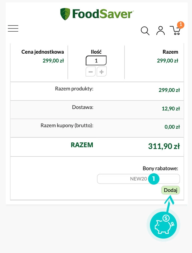 Instrukcja jak wpisać kod rabatowy w koszyku zakupownym FoodSaver