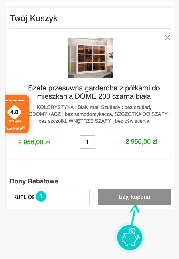 Instrukcja jak wpisać kod rabatowy w koszyku zakupownym Abiks Meble