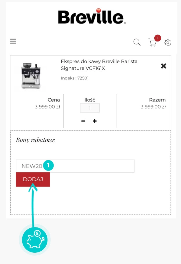 Instrukcja jak wpisać kod rabatowy w koszyku zakupownym Breville