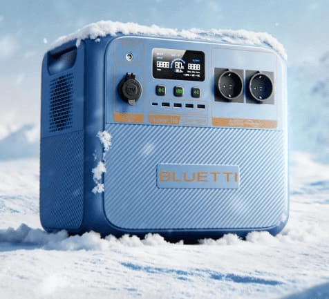 Niebieski generator prądotwórczy pośród śniegu