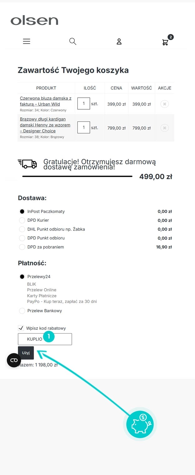 Instrukcja jak wpisać kod rabatowy w koszyku zakupownym Olsen