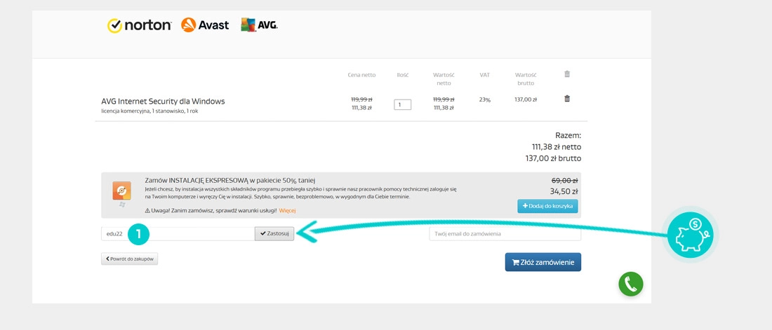 Instrukcja jak wpisać kod rabatowy w koszyku zakupownym AVG