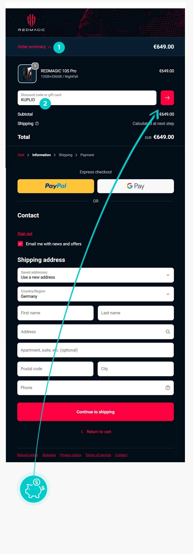 Instrukcja jak wpisać kod rabatowy w koszyku zakupownym RedMagic