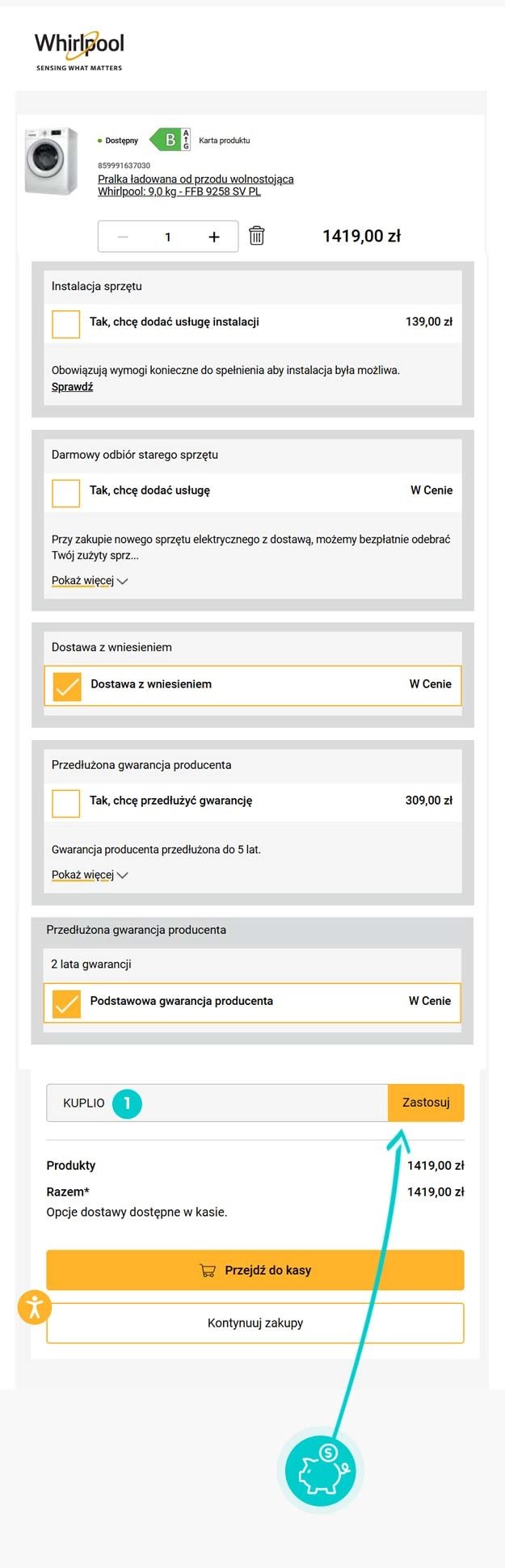 Instrukcja jak wpisać kod rabatowy w koszyku zakupownym Whirlpool