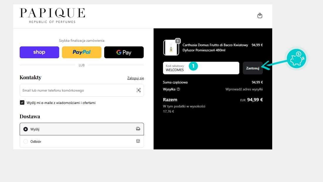 Instrukcja jak wpisać kod rabatowy w koszyku zakupownym Papique