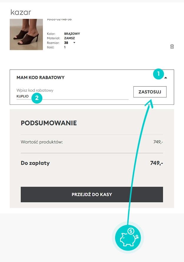 Instrukcja jak wpisać kod rabatowy w koszyku zakupownym Kazar
