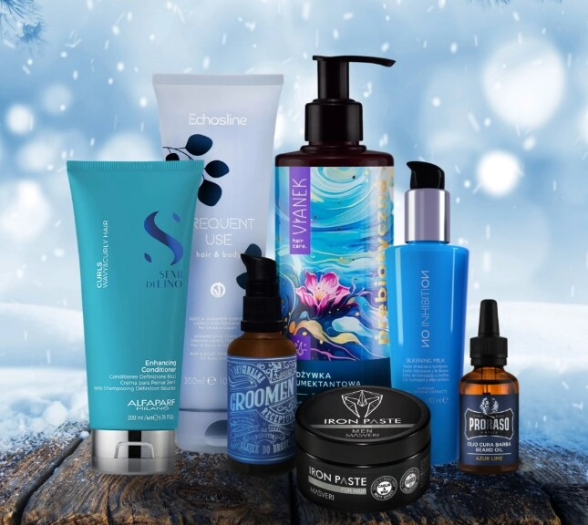 Zestaw kosmetyków na tle śniegu