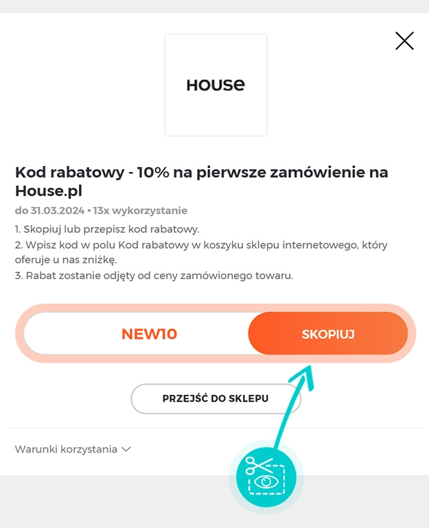 Instrukcja jak skopiować kod rabatowy dla House