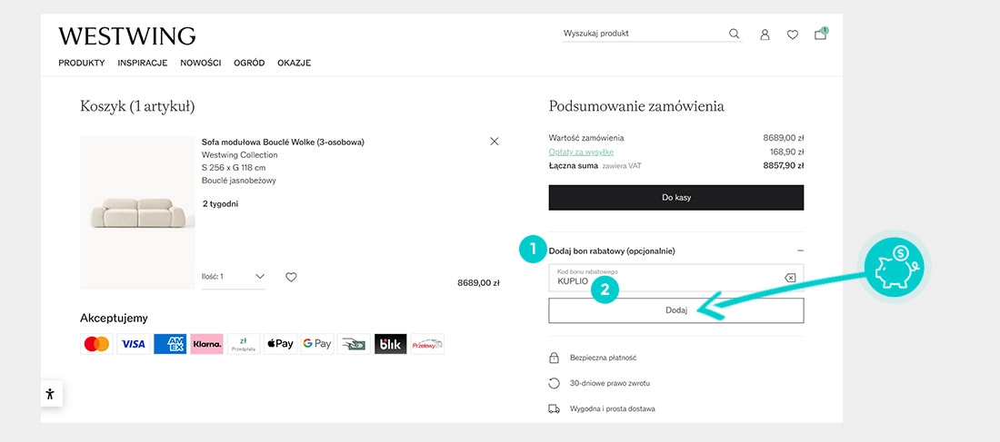 Instrukcja jak wpisać kod rabatowy w koszyku zakupownym Westwing