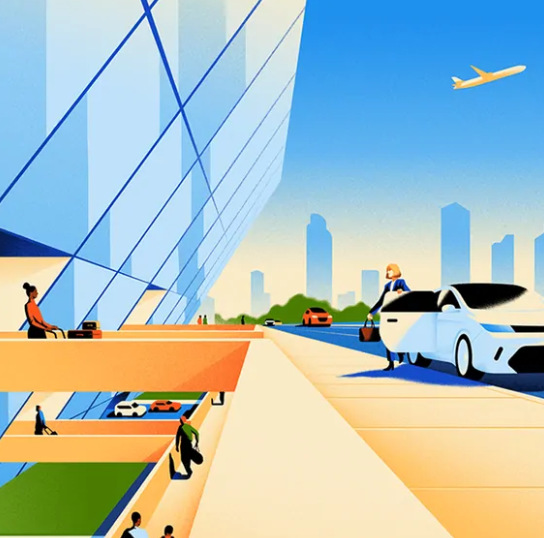 Obrazek z lotniskiem i kobietą, która wysiada z auta