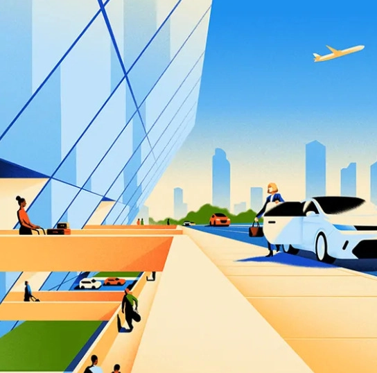 Obrazek z lotniskiem i kobietą, która wysiada z auta