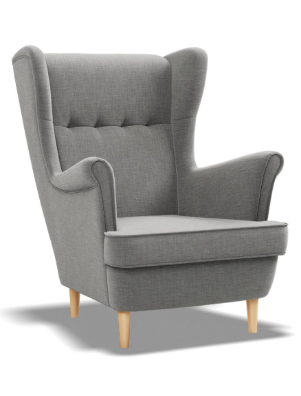 Szary fotel z plecionego materiału i drewnianymi nóżkami