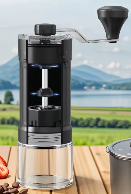 Manualny młynek do kawy w kolorze czarnym z przezroczystym pojemnikiem