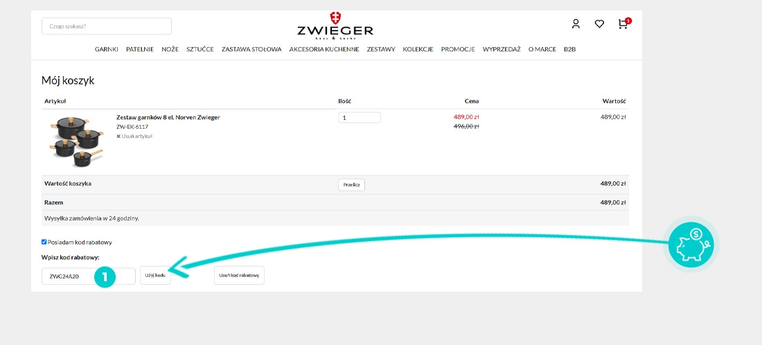 Instrukcja jak wpisać kod rabatowy w koszyku zakupownym Zwieger