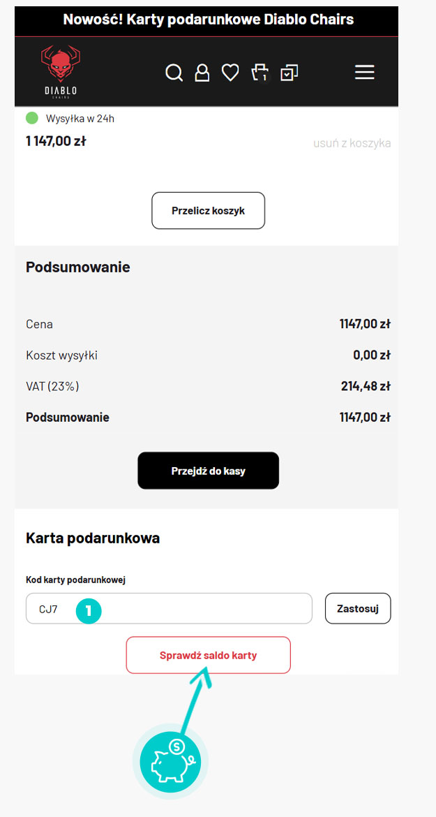 Instrukcja jak wpisać kod rabatowy w koszyku zakupownym Diablo Chairs