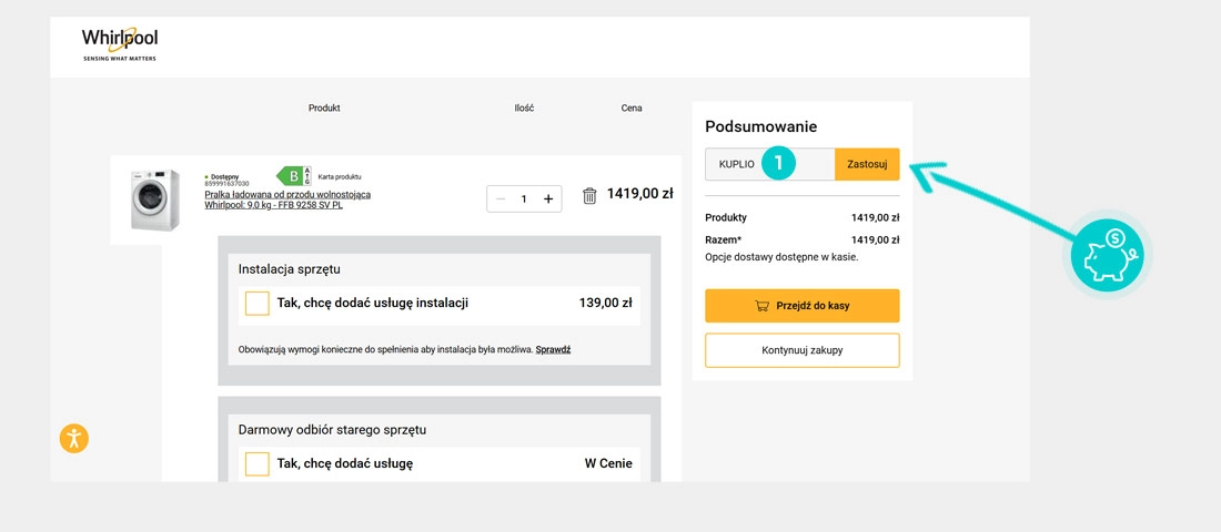 Instrukcja jak wpisać kod rabatowy w koszyku zakupownym Whirlpool