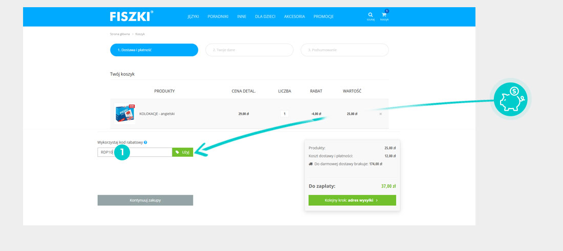 Instrukcja jak wpisać kod rabatowy w koszyku zakupownym Fiszki