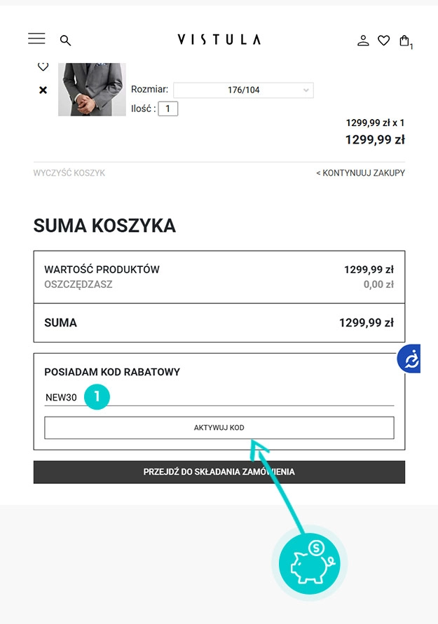 Instrukcja jak wpisać kod rabatowy w koszyku zakupownym Vistula