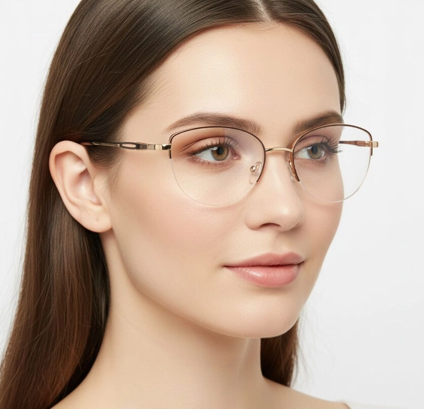 Brunetka w delikatnych okularach z miedzianymi oprawkami