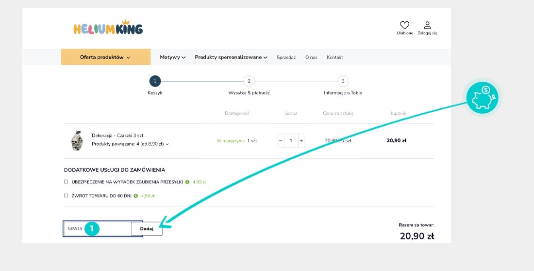 Instrukcja jak wpisać kod rabatowy w koszyku zakupownym HeliumKing